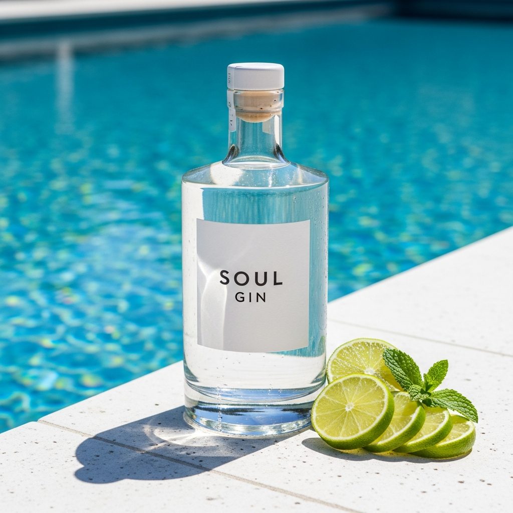 Soul Gin Flasche am Pool im strahlenden Sonnenlicht mit frischen Limetten
