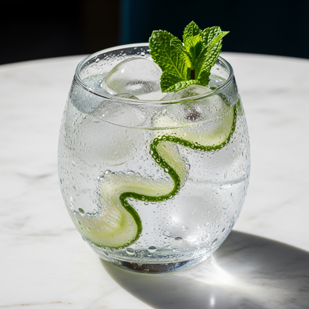 Erfrischender Gin Cocktail auf weißem Marmor mit Gurke und Minze